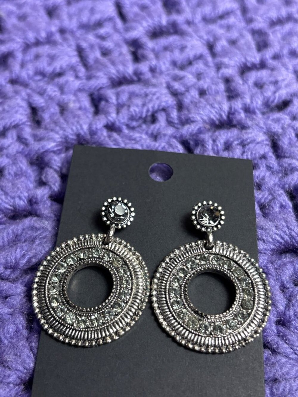Silvertone Circle Dangle Earrings Grey Rhinestones Textured 1.5 inches